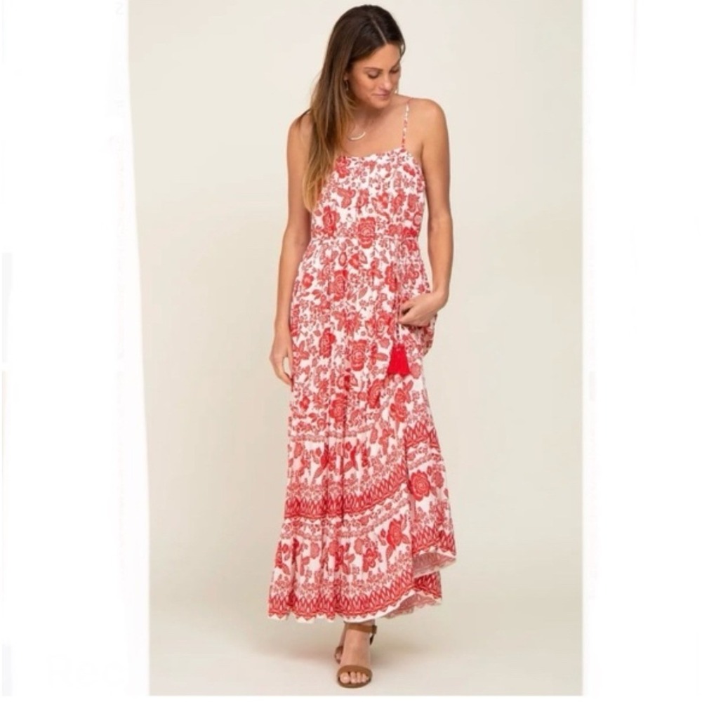 Blu Pepper Red White Floral Tassel Maxi Dress Large Boho Tiered Summer